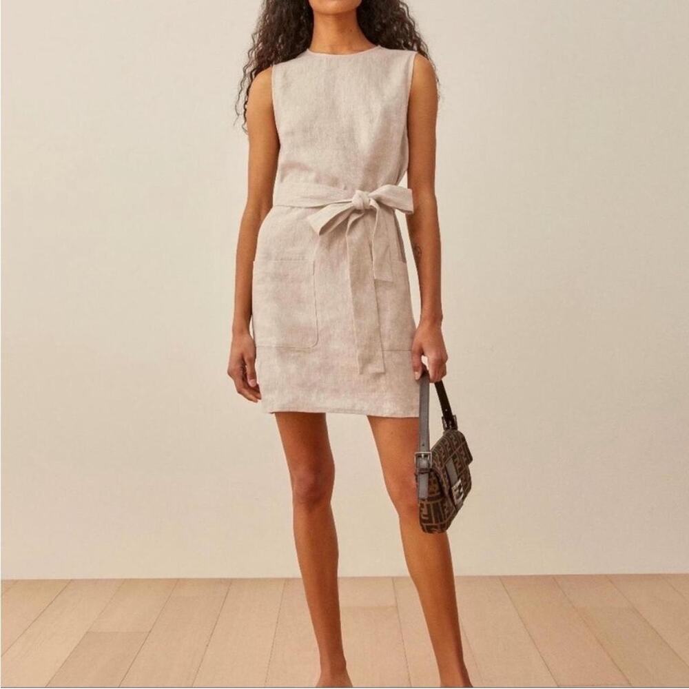 Reformation Sommer Linen Mini Sheath Dress with Tie Belt in Natural Size XS